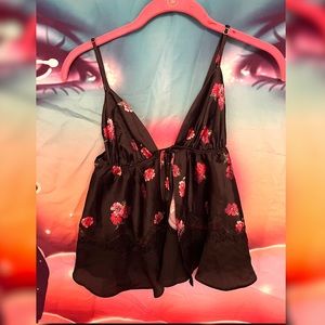 Black Floral front tie Top